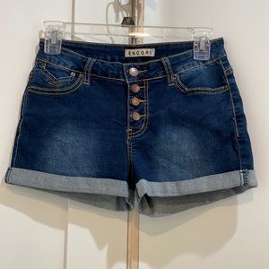Two junior mid rise jean mini shorts